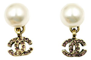 Chanel Vintage Pearl Gold Plated CC Fuchsia Crystal Piercing Earrings, Pair