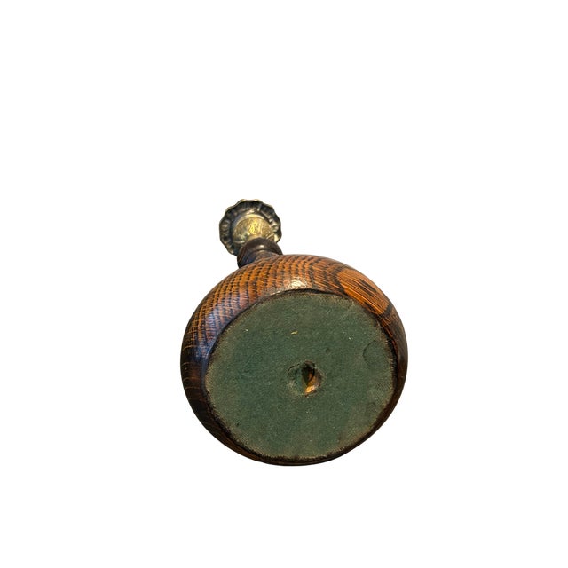 Late 19th Century Antique English Oak Barley Twist Candlestick With Brass Bobeche | Victorian–Edwardian Candle Holder | English Country Decor For Sale - Image 5 of 9