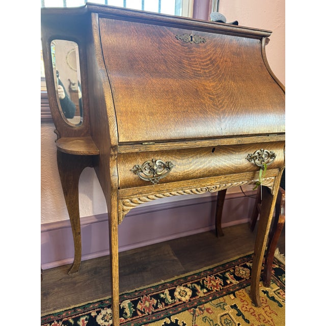 French Antique Oak Slant-Front Secretary Writing Desk For Sale - Image 3 of 9