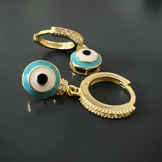 Turquoise Enamel Diamond Hoop Evil Eye Earrings, A Pair For Sale In Miami - Image 6 of 9