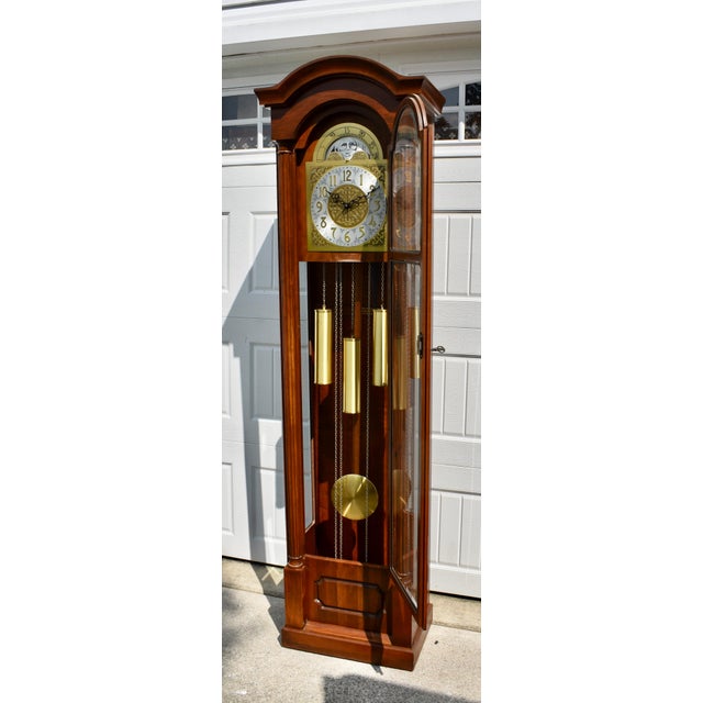 Vintage Daneker Grandfather Clock Cherry Moon Phase Chime Beveled Glass For Sale - Image 14 of 18