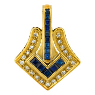 Vintage Sapphire Diamond 14k Yellow Gold Pendant For Sale