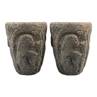 Pair of Vintage English Weathered Cast Stone Planters For Sale