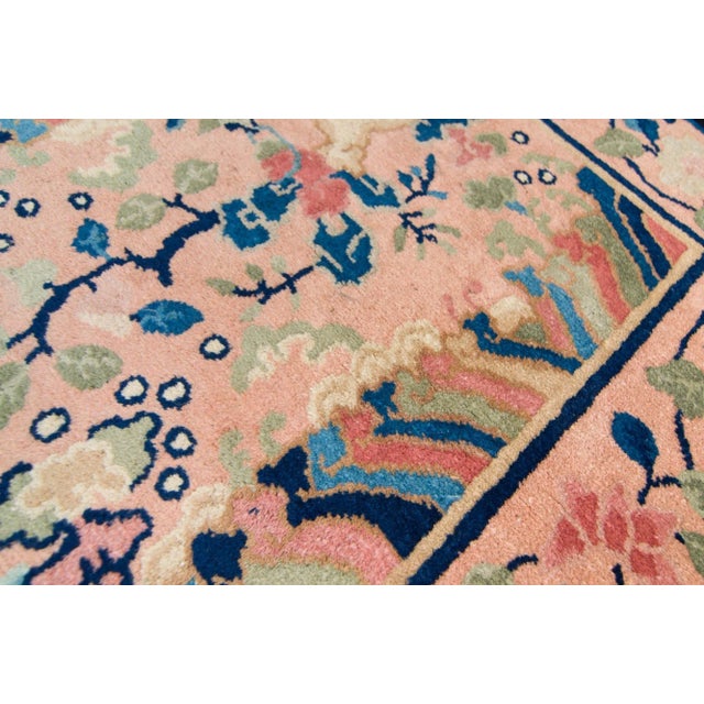 1910s Antique Chinese Botanical Figural Design Navy Blush Hand Knotted Pile Rug - 3’2” X 5’9” For Sale - Image 9 of 10