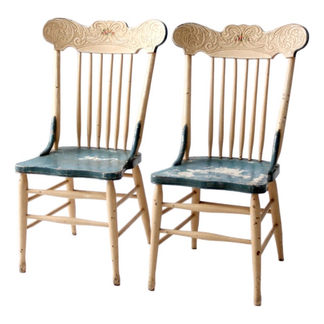 Antique Folk Art Painted Farmhouse Chairs Pair For Sale