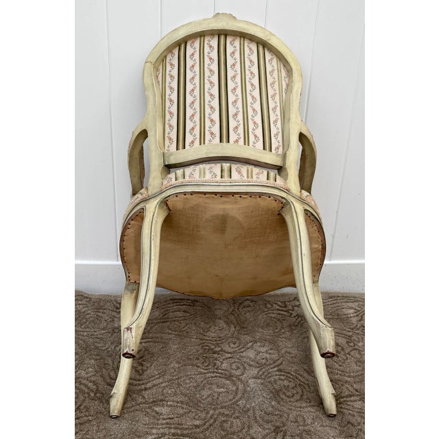 Painted Wood Arm Chair Vintage Venetian Style Carved Cream Green Floral Stripe For Sale - Image 12 of 13