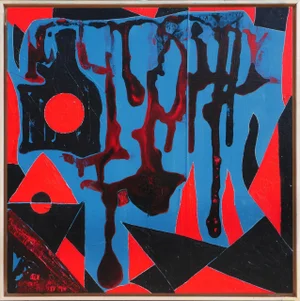 2023 "Neanderthal" Contemporary Blue and Red Geometric Abstract Painting by Paul Reeves