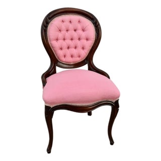 Antique Walnut Parlor Chair Victorian Style Tufted Pink Bedroom Accent Vanity For Sale