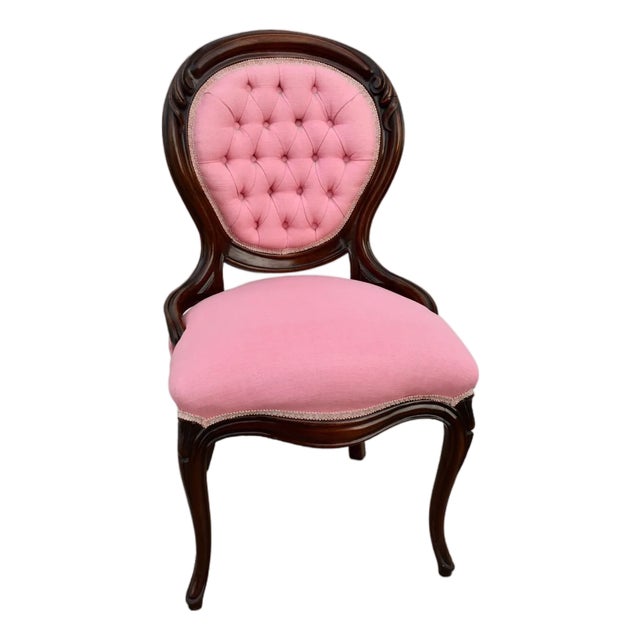 Antique Walnut Parlor Chair Victorian Style Tufted Pink Bedroom Accent Vanity For Sale