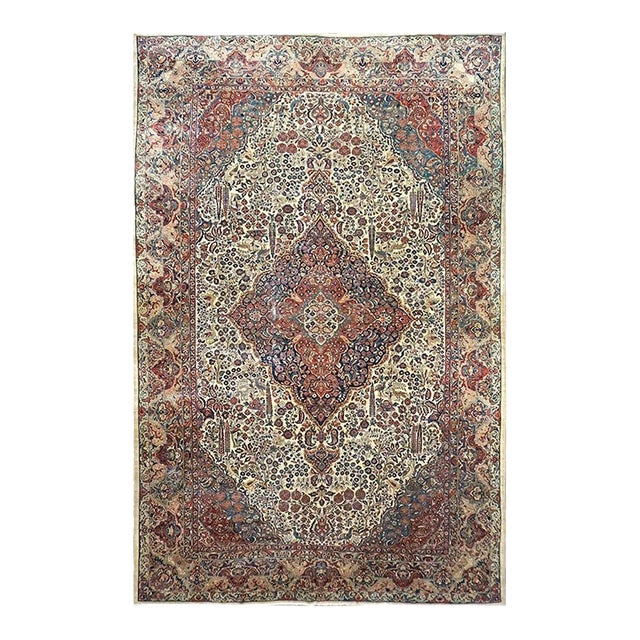 Antique Persian Sarouk Mahajaran Wool 12x19 Ivory, Navy, & Red Oversized Handmade Area Rug #1144059 For Sale
