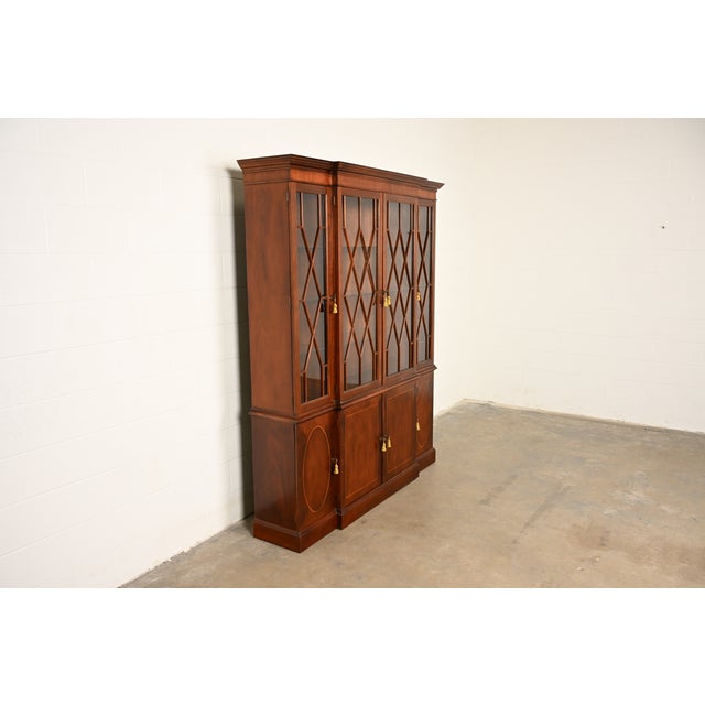 Baker Furniture Company Baker Furniture Historic Charleston Georgian Inlaid Mahogany Breakfront Bookcase Cabinet For Sale - Image 4 of 17