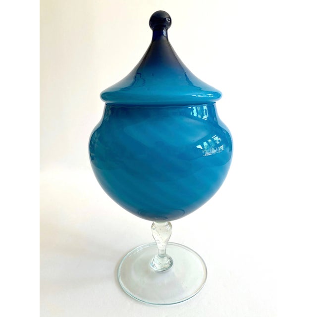 Vintage Mid Century Modern Empoli Italy Cerulean Royal Blue Ombre Art Glass Candy Bowl Pedestal Lidded Jar For Sale In Kansas City - Image 6 of 13