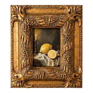 Late 20th Century Gilt Grape Motif Frame With Original Oil Painting, Lemon Still Life Art, Ornate Gold Frame, Cottage Decor For Sale
