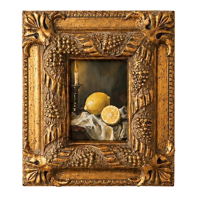 Late 20th Century Gilt Grape Motif Frame With Original Oil Painting, Lemon Still Life Art, Ornate Gold Frame, Cottage Decor For Sale