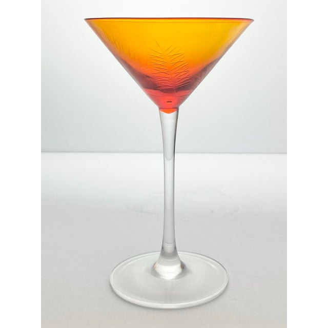 1960s 1960s Vintage Mid-Century Amber Orange Frond Etched Martini Glasses - Set of 4 For Sale - Image 5 of 8