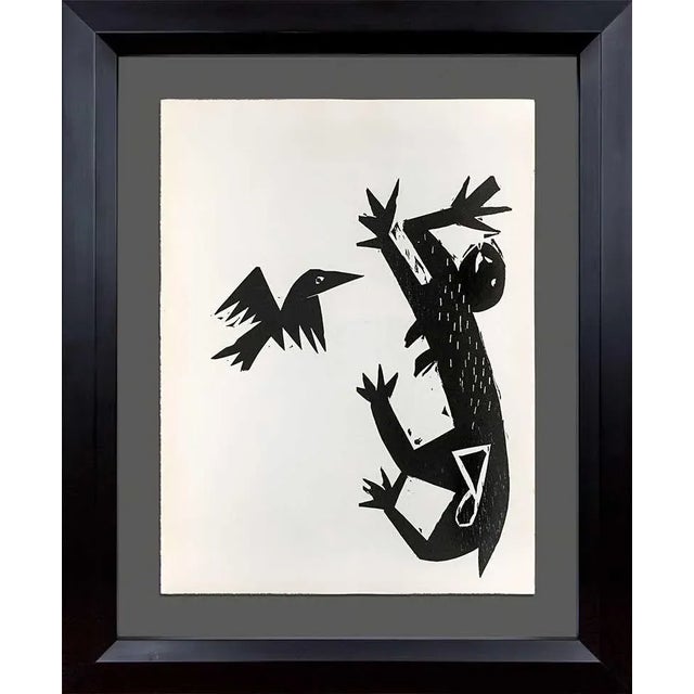 Hap Grieshaber Original Woodcut, (Cat and Bird) 1964 W/Archival Frame For Sale