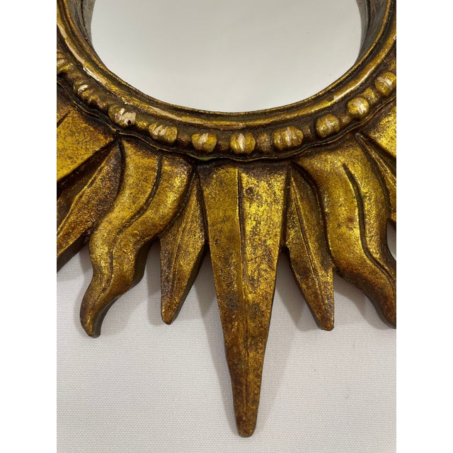 Glass Vintage Mid 20th Century 12.5" Gilded Sunburst Accent Wall Mirror For Sale - Image 7 of 18