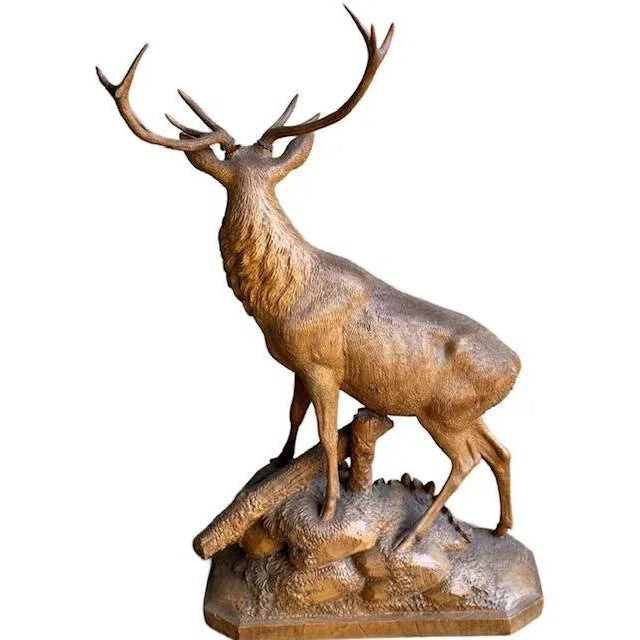 Rustic 19th Century Swiss Black Forest Style Wood Carved Stag Deer Brienz For Sale - Image 3 of 11