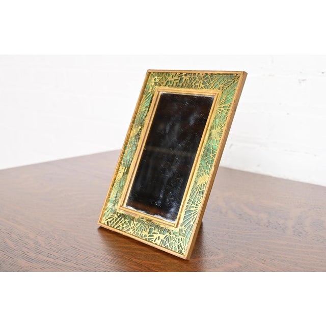 Art Deco Tiffany Studios New York Pine Needle Bronze and Slag Glass Framed Vanity Mirror For Sale - Image 3 of 11