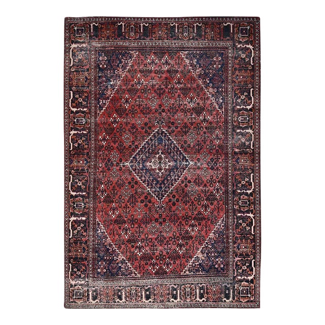 1950 6'9"x10'0" Bossa Nova Red Soft Wool Hand Knotted Vintage Persian Joshagan Rug For Sale