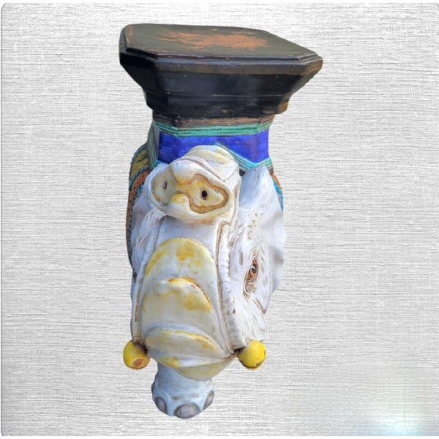 Hollywood Regency Vintage Huge Italian Terracotta Trunk Up Colorful Hollywood Regency Elephant Garden Stool For Sale - Image 3 of 9