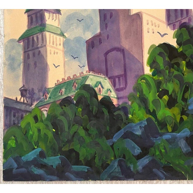 Vintage James Russell Sherman Central Park Plaza Hotel Roof New York Painting For Sale - Image 9 of 11
