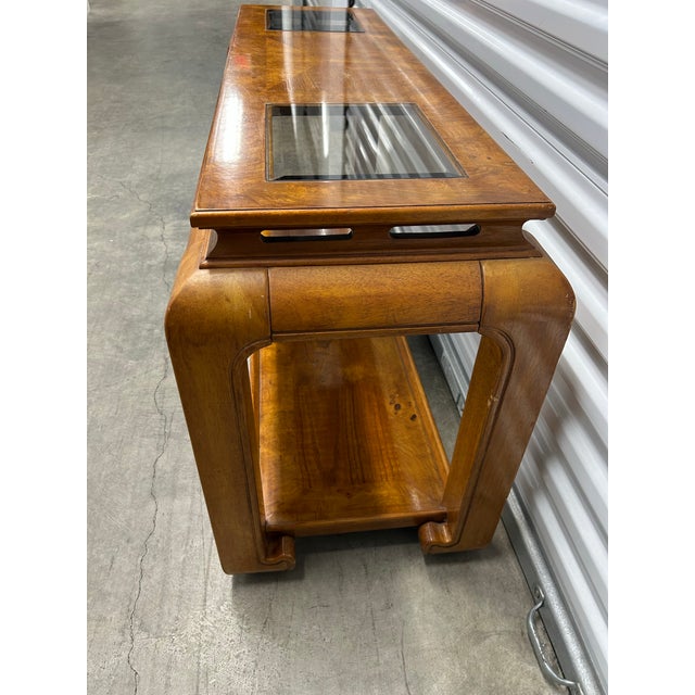 Vintage Mid 20th Century Ming Style Burl Wood Console Sofa Table With Glass Panels For Sale - Image 9 of 11