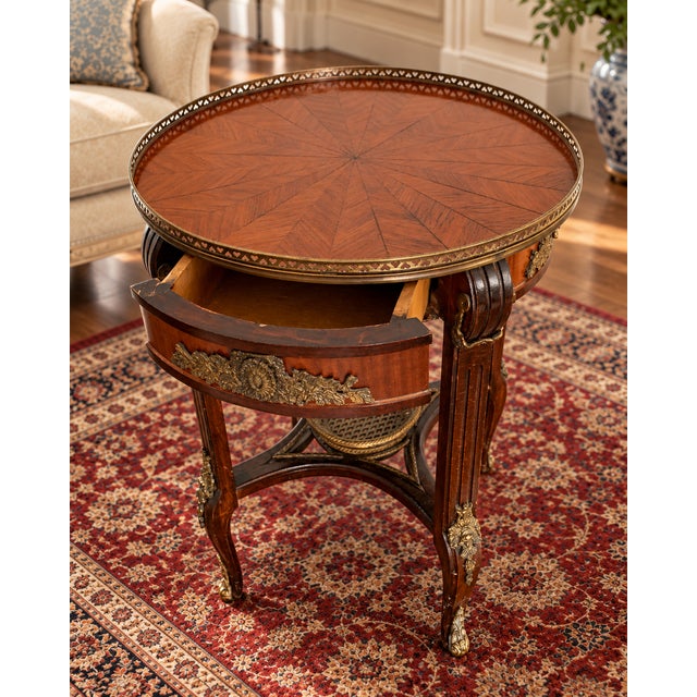 Old World Elegance | Antique French-Style Marquetry Guéridon Table With Brass Mounts and Decorative Basket For Sale - Image 4 of 10