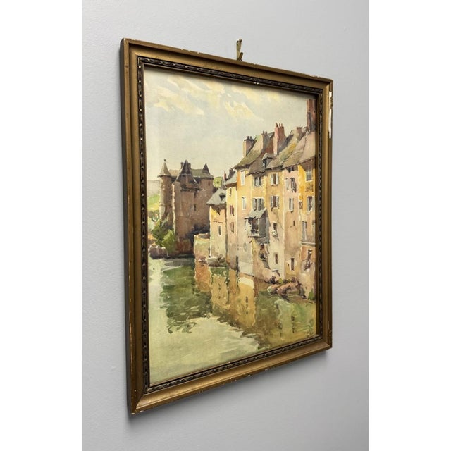 French 1930s French Watercolor of Sun-Drenched Houses in Period Gilt Frame For Sale - Image 3 of 12