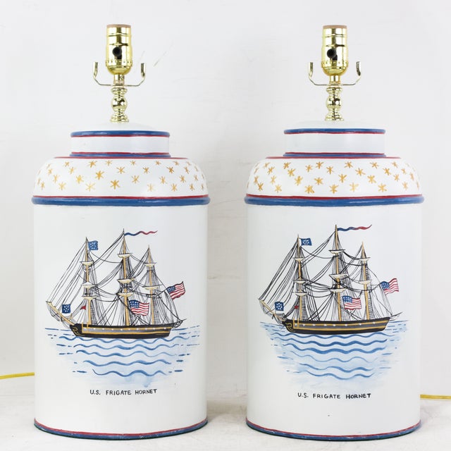 Pair of Vintage Hand-Painted u.s. Frigate Hornet Patriotic Tole Table Lamps For Sale - Image 12 of 12