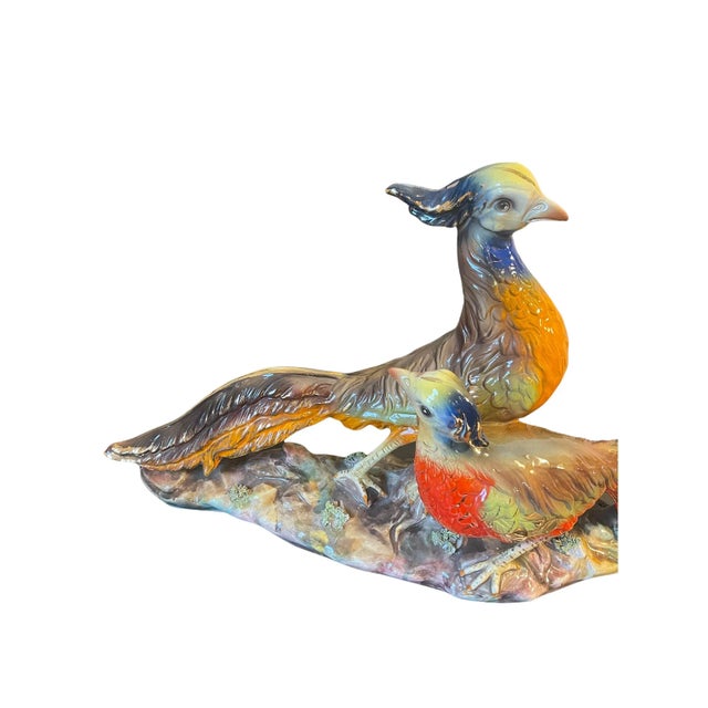 Italian Vintage Large Italian Colorful Glazed Porcelain Pheasant Couple Sculpture For Sale - Image 3 of 13