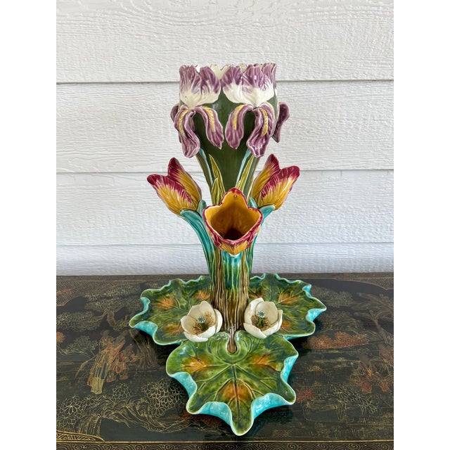 Antique French Majolica Vase Centerpiece Onnaing Art Nouveau Iris Tulip C1900 For Sale - Image 11 of 18