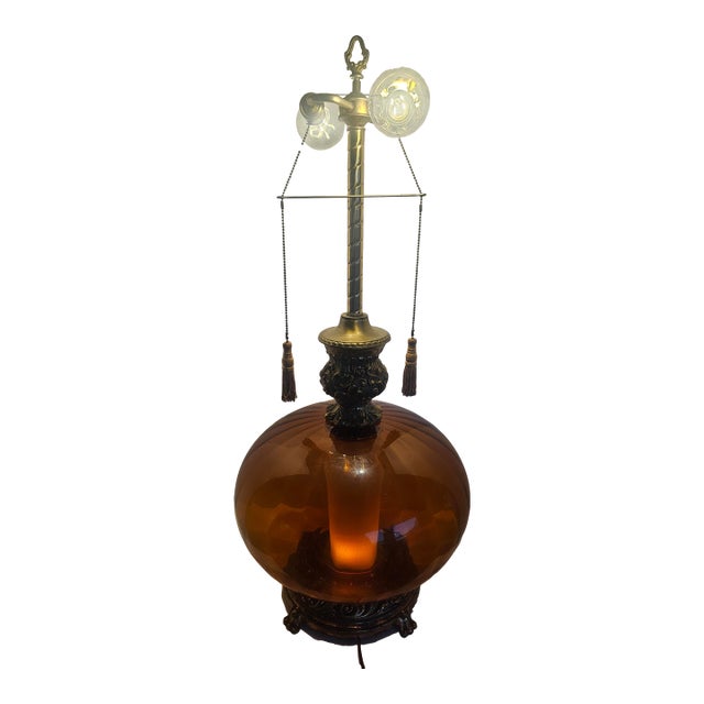 Vintage Hollywood Regency Amber Glass Genie Bottle Table Lamp For Sale