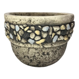 Vintage Hand Painted Stone Pebble Ceramic Planter in Pale Yellow and Sky Blue For Sale
