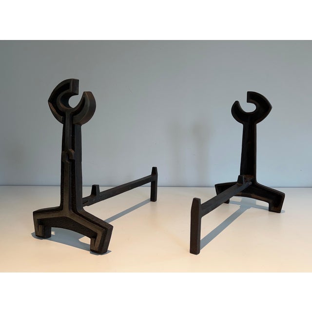 Modernist Cast Iron and Wrought Iron Andirons - a Pair For Sale - Image 4 of 12