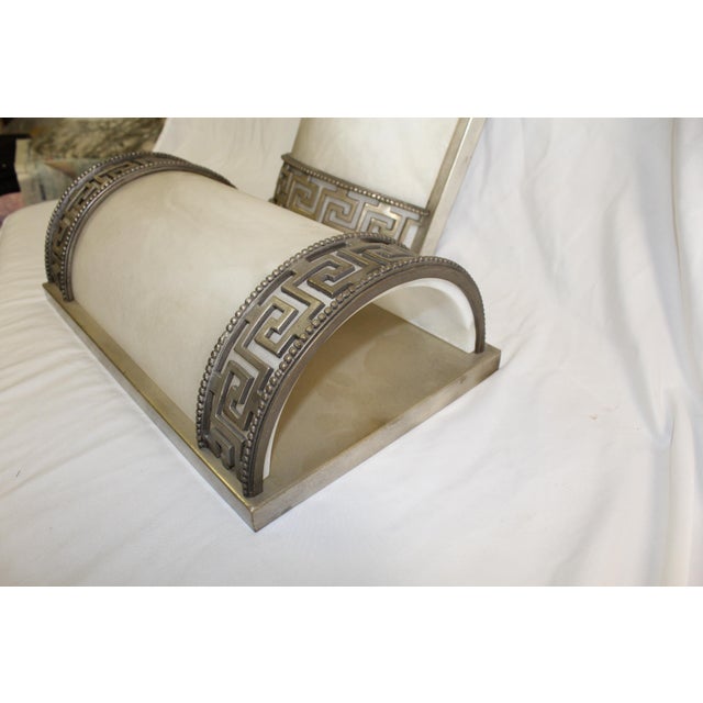 1990s Mid-Century Modern Art Deco Alabaster Sconces, Antique Silver Patina - a Pair For Sale - Image 5 of 10
