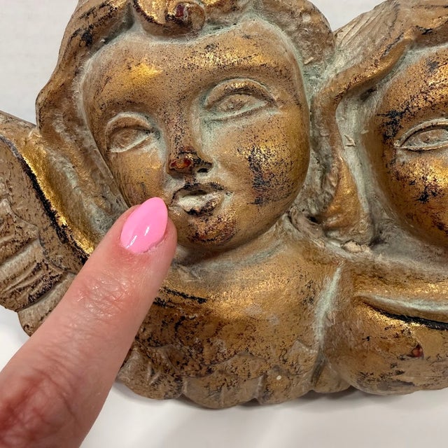 Vintage Gold Cherub Angel Wall Plaque Double Winged Putti Relief Sculpture 10in For Sale - Image 13 of 13