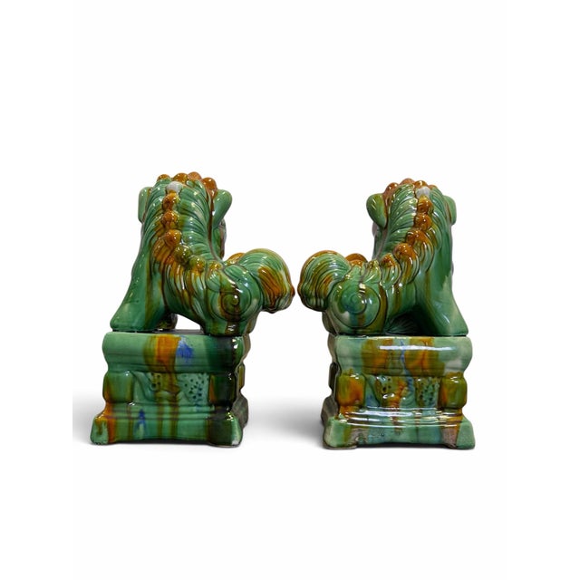 Vintage Mid-Century Sancai Glazed Ceramic Chinese Foo Dogs - A Pair For Sale - Image 4 of 6