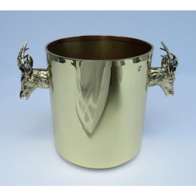 Mid-Century Modern Vintage C.1970's Italian Brass and Copper With Antler Head, Handled Ice, And/Or Champagne/Wine Bucket For Sale - Image 3 of 13