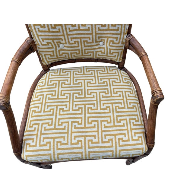 Palecek Pavilion Rattan Armchairs, Pair, Custom Greek Key Fabric, Hollywood Regency Style For Sale - Image 11 of 12