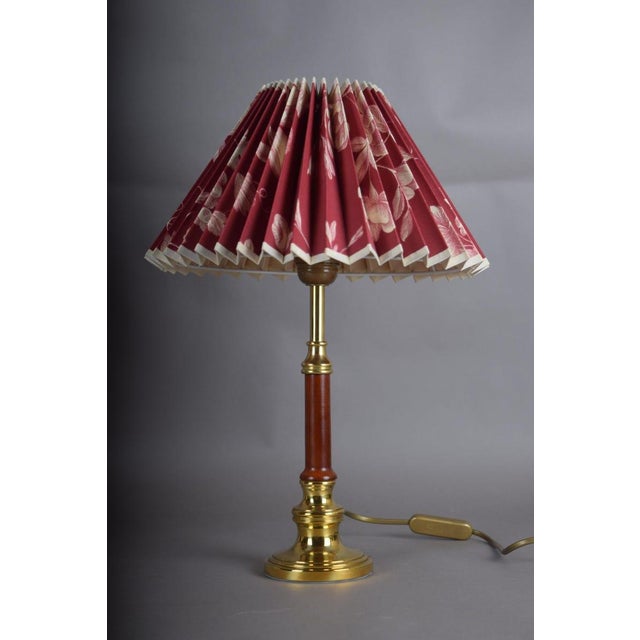 1970s Brass and Wood Table Lamps With Pleated Floral Shades - a Pair For Sale - Image 4 of 9