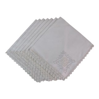 White on White Embroidered Linen Napkins - Set of 11 For Sale