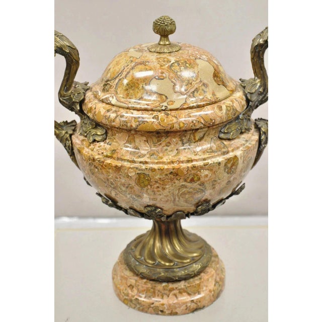 Vintage Bronze and Marble French Baroque Style Lidded Urn Centerpiece Cassolette. Item features heavy marble and bronze...