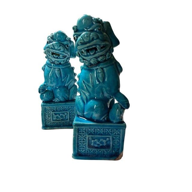 Set of 2, 1970s Blue Foo Dog Guardian Lion Ceramics Set For Sale - Image 4 of 10