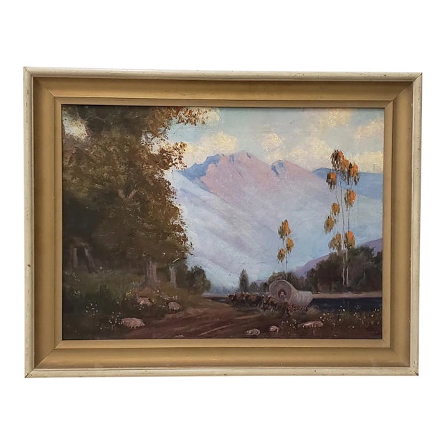 Western Mountain Landscape With Oxen Wagon 20th C. For Sale