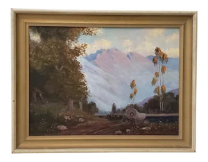 Western Mountain Landscape With Oxen Wagon 20th C.