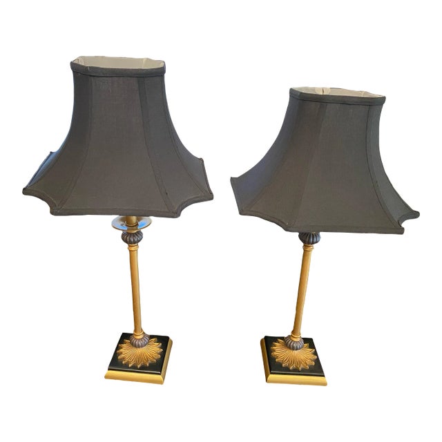2000’s Black and Gold Starburst It Medallion Staggered Height Table or Buffet Pencil Lamps - Set of 2 For Sale
