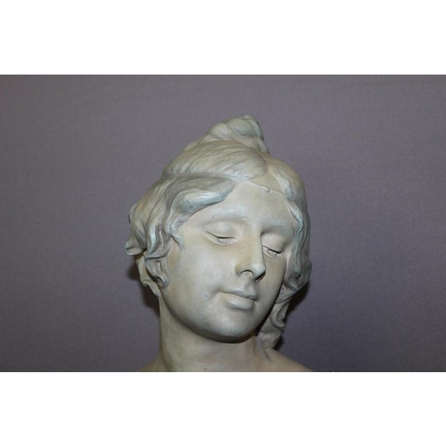 Bust of Young Woman in Ceramic with Blue-Green Patina by Léopold Bernard Bernstamm for Emile Muller, 1890s For Sale - Image 8 of 15