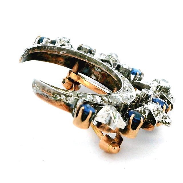 Metal Victorian Diamond & Sapphire Crescent Moon Brooch in 18K Gold and Platinum For Sale - Image 7 of 16