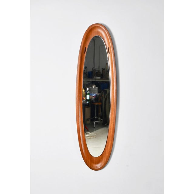 Mid-Century Campo & Graffi Curved Teak Wood Oval Wall Mirror, Italy, 1960s For Sale - Image 9 of 18